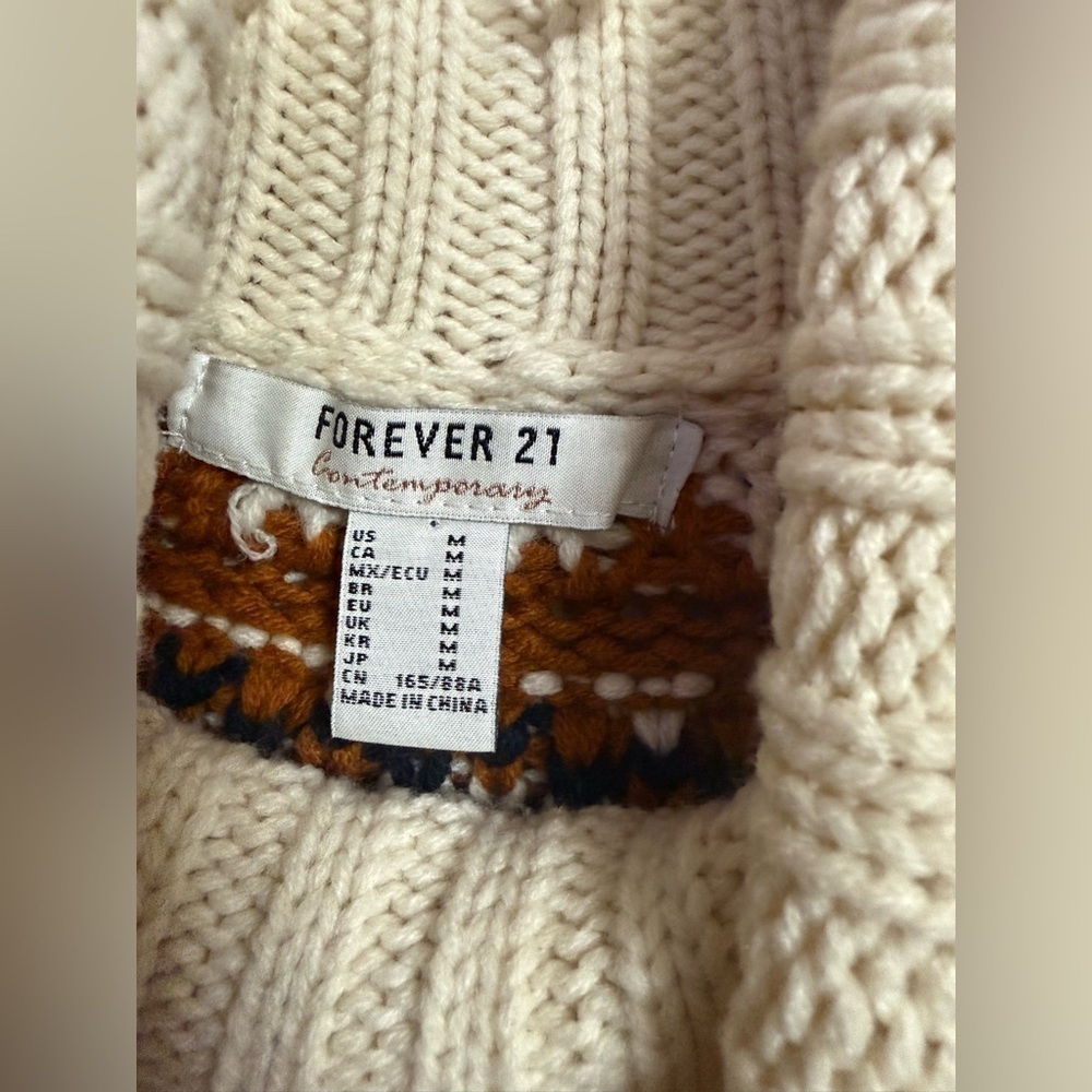 Forever 21 Cream Navy Blue Nordic Boho Fair Isle Fringe Sweater Women’s Sz M - Picture 6 of 8